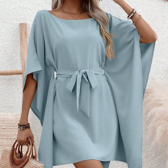 Baby Blue Casual Women's Solid Color Belted Bell Sleeve Dress - Picture 3 of 6